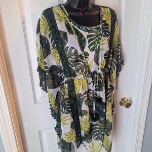 Time & Tru tropical leaf green and white print 2 piece set - one size